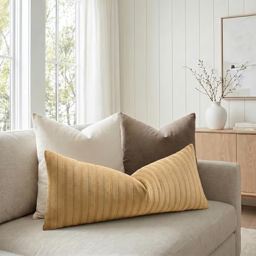 DEZENE 14x36 Mustard Yellow Lumbar Pillow Covers Soft Striped Corduroy Spring Summer Rectangular Long Body Pillow Cases for Couch Sofa Bedroom Living Room Home Decor - Image 5