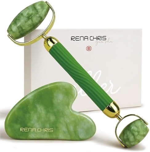 Rena Chris Gua Sha and Face Roller Set: Anti-Breakage Jade Roller for Long-Lasting Use, Jawline Sculpting and Puffiness Reducing, Gua Sha Facial Tools for Self Care Gift (Green) by RenaChris
