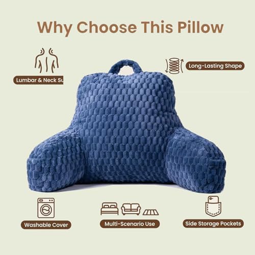 Reading Pillow for Bed, Adults Back Pillow for Sitting up, Husband Pillow for College Dorm, Back Support Cushion with arms for sit up on Couch, Sofa, and Floor, Dark Blue - Image 2