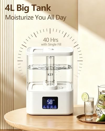 KZF 4L Top Fill Humidifiers for Bedroom & 40H Runtime - Cool Mist Humidifier, 3 Mist Levels, 8H Timer, Essential Oil Tray, Humidity Display, Quiet for Baby, Plants, Large Room (White, 4, Liters) - Image 3