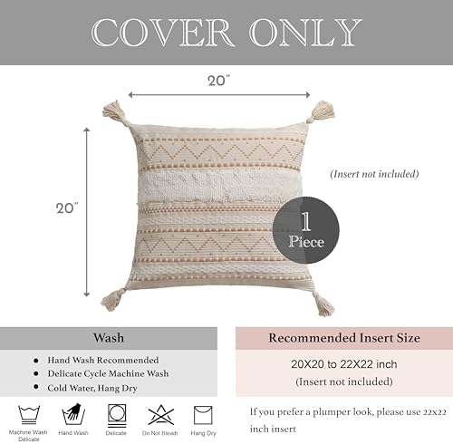BlissBlush 20X20 Throw Pillow Cover, Cream Neutral Beige Square Decorative Cushion Cover, Boho Accent Pillowcase with Tufted Details and Tassels for Couch Sofa Living Room (Cover Only) - Image 6