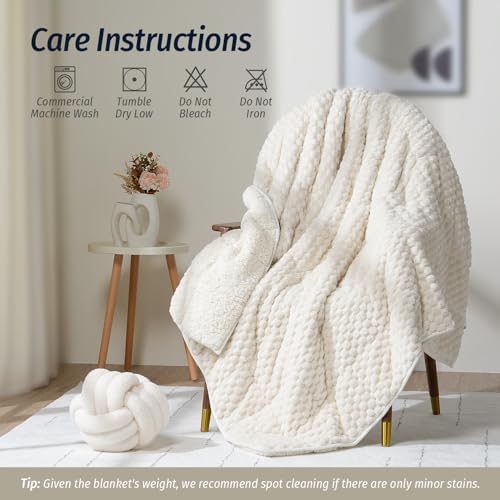 Fleece Weighted Blanket for Adults 80" x 87" 15lbs Fuzzy Blankets, White - Image 6