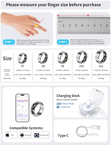 Smart Ring for Women Men Fitness Tracker Heart Rate Sleep Trends 128 Sports Modes Gesture Control Cycle Tracking IP68 Waterproof No Subscription Compatible with iPhone Android (Silver, Size 8) - Image 2