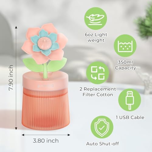 Flower Mini Humidifier, Cute Small Humidifiers, USB Portable Personal Cool Mist Desktop Humidifiers, Cooling for Home Office Car Summer Travel (260ml, Pink Gardenia) - Image 2