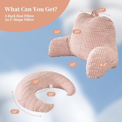 17" Reading Pillow for Bed,U Shaped Arm & Elbow Support,Pink Corduroy - Image 3