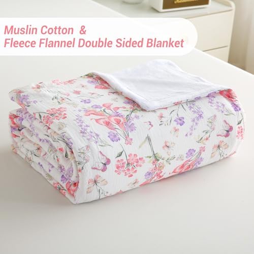 Viviland Cooling Muslin Blanket Queen Size for Bed Summer Gauze Blanket for Adults Breathable Lightweight Soft for Hot Sleepers Linen 90 x 90 Inches Pink Purple Flowers - Image 2