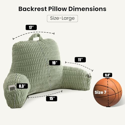 Large Reading Pillow for Sitting Up with Arms,Green Corduroy - Image 3