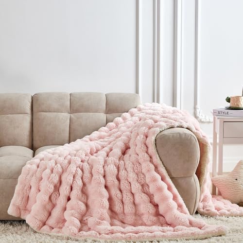 60x80 Inches Ultra-Soft Fuzzy Faux Fur Plush Twin Size Blanket - Thick, Warm Sherpa for Couch, Sofa, Bedroom, Camping - Decorative Blanket for Cozy Warmth, Bubble Pink - Image 2