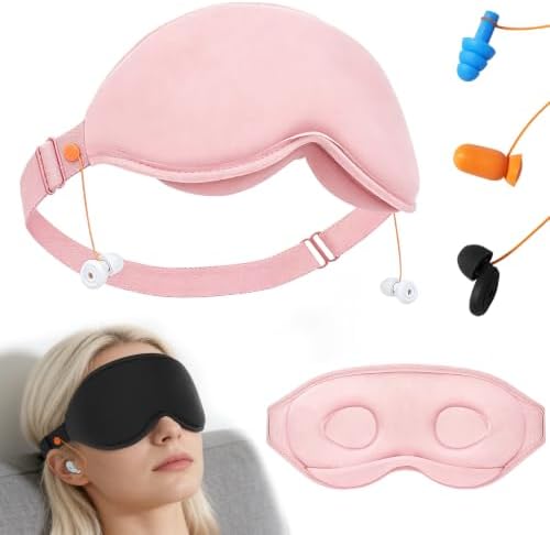 3D Contoured Sleep Mask with Earplug Keeper,Earbuds Anti-Loss,100% Pressure-Free & Total Light Blocking Eye Mask with Adjustable Strap. Ideal for Sleep Earplug User, Airplane Travel, Meditation,Pink by VFM