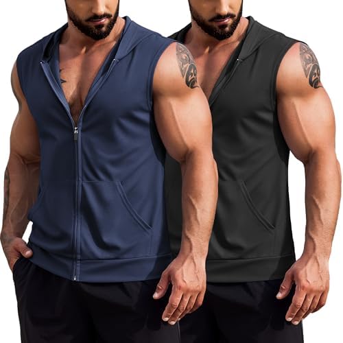 COOFANDY Men's Workout Hooded Tank Tops 2 Pack Zip Up Sleeveless Gym Shirts Muscle Cut Off T Shirt Bodybuilding Hoodies by COOFANDY