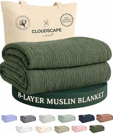 CLOUDSCAPE 8 Laye 100% Cotton Muslin Blanket Queen, 92"x92" - Olive Green by CloudScapeLinen