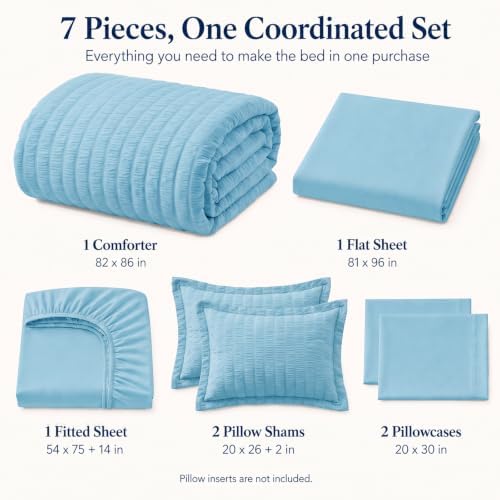 CozyLux Full Size Comforter Sets, 7 Pieces Sky Blue Seersucker Bed in a Bag - Image 2