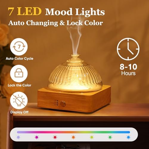 Lecdura Glass Essential Oil Diffuser with Glass Reservoir & WoodBase, 200ml Ultrasonic Lock Color Timer Auto-Off 7 Color Light Aroma Glass Dome Diffuser for Home Office Bedroom Yoga - Image 4