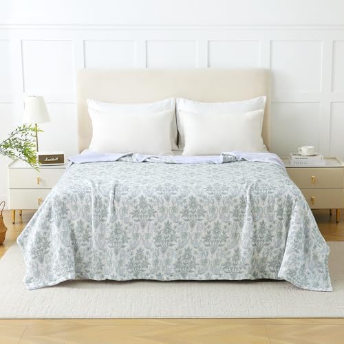 Viviland Cotton Muslin Blanket Reversible Fleece Blanket Lightweight Breathable Gauze Queen Size 90 x 90 Inches, Green Narcissus - Image 2