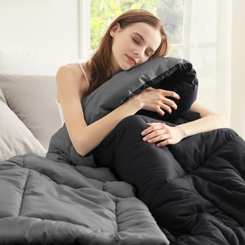 Bedsure Full Comforter Duvet Insert, All Season Bed Comforter, Quilted Down Alternative Duvet, Box Stitched Comforters with Corner Tabs, Machine Washable, 82 x 86 Inches (Black/Grey) - Image 2