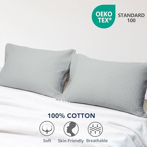 Zaizaihome 100% Egyptian Cotton Waffle Weave Pillowcases King Size 2 Pack - Image 6