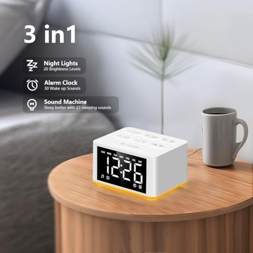 【3 in 1】 Sound Machine Dual Alarm Clock Night Light White Noise Machine 27 Sleeping Sounds for Adults Kids Precise 32 Level Volume Sleep Timer Memory Function Digital Clock with 30 Wake Up Sounds - Image 2