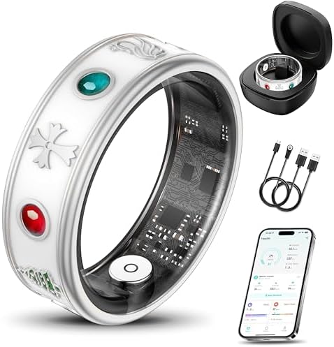 Smart Ring for Men, Fitness & Activity Tracker with Blood Pressure/Heart Rate Monitor, Sleep Tracker, Step Counter, IP68 Waterproof Ring for iOS & Android, Fast Charge, No Subscription (Silver,Size8) by PJIVE