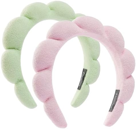 Ztomine Spa Headbands - Set of 2 Terry Cloth Face Wash Headbands for Makeup Removal, Mask (Pink + Light Green) by Ztomine