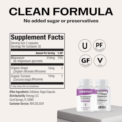 VIMERGY Magnesium Glycinate – Stress Support – Chelated to Avoid Tummy Upset*– Promotes Heart Health & Energy*– Kosher, Vegan Gluten-Free – 60 Caps (Pack of 2) - Image 3