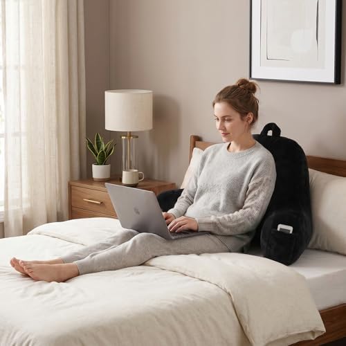 Large Plush Backrest Pillow for Sitting in Bed,Faux Fur,Black - Image 2