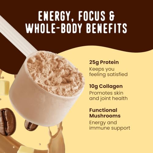 FlavCity All in One Protein Shake Powder, Butter Coffee - 55mg Caffeine + Collagen Peptides, Reishi & Cordyceps - Focus, Skin, Hair & Joint Support - 100% Grass Fed Whey, 20 Servings - Image 4