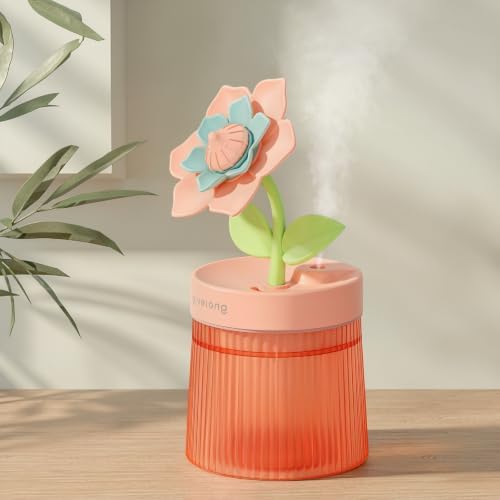 Flower Mini Humidifier, Cute Small Humidifiers, USB Portable Personal Cool Mist Desktop Humidifiers, Cooling for Home Office Car Summer Travel (260ml, Pink Gardenia) by Cerrota