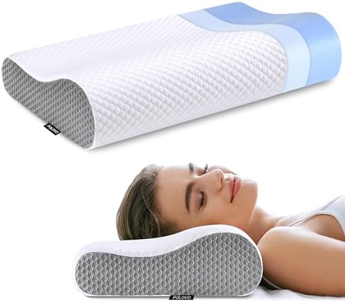Neck Pillow Memory Foam for Pain Relief Bed Pillow for Sleeping, Ergonomic Orthopedic Cervical for Neck and Shoulder Pain, Side Back Stomach Sleeper(White&Grey) by Polovo