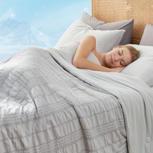 Cozy Bliss Seersucker Cooling Comforter King Size, Q-Max 0.45 Reversible Lightweight Cooling Blanket, Breathable Silk Smooth Summer Bedding Quilt for Hot Sleepers Night Sweats Light Grey - Image 4