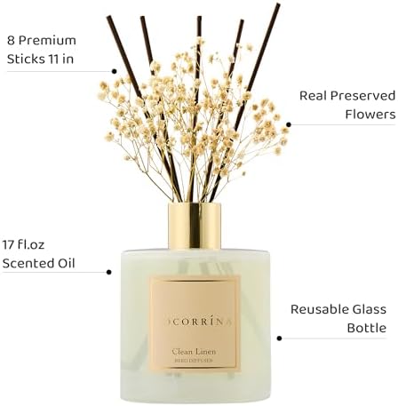 COCORRÍNA Reed Diffuser - Clean Linen 17 Fl.oz Reed Diffuser with 8 Sticks Scented Diffuser with Preserved Flowers for Bathroom Home Decor - Image 3