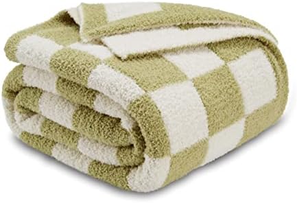 CozeCube Sage Green White Reversible Checkered Knit Throw Blanket 50"x60" by CozeCube