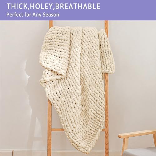 Bigacogo Chunky Knit Throw Blanket for Couch, 40x40 inches, Beige - Image 4