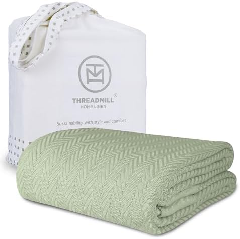 Threadmill Luxury 100% Cotton Queen Herringbone Blanket, Sage Green by ThreadmillHomeLinen