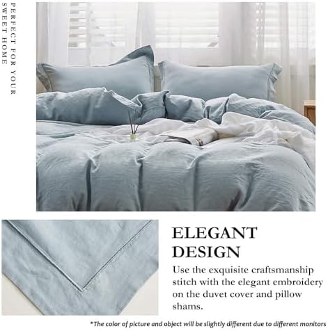 Simple&Opulence 100% Linen Duvet Cover Set with Embroidery Border Washed - 3 Pieces (1 Duvet Cover & 2 Pillow Shams) with Button Closure Soft Breathable Farmhouse - Dusty Blue, Full Size - Image 2
