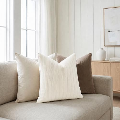 DEZENE 20x20 Cream Throw Pillow Covers Pack of 2 Soft Striped Corduroy Square Farmhouse Pillow Cases for Couch Sofa Bedroom Living Room Home Decor - Image 4