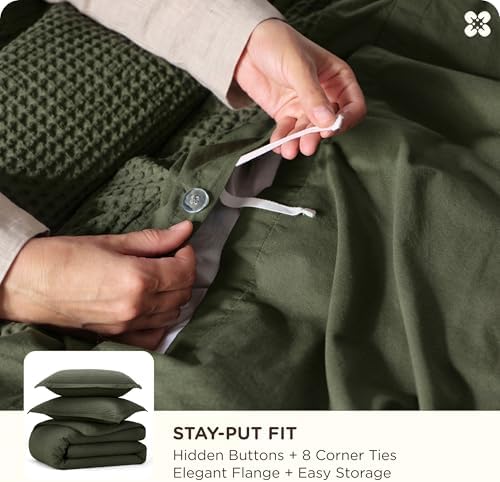 Bedsure PureWoven Cotton Waffle Weave Duvet Cover, 3 Pieces, Olive Green - Image 5