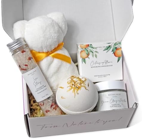 Natural Amor Handmade Spa Gifts for Women, Relaxing 5pcs Spa Gift Set for Women Including Citrus Handmade Soap Bar, Soy Candle, Bath Salt, Bath Bomb by NATURALAMORLOSANGELES