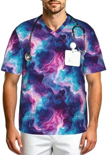 Men's Scrub Top,V-Neck Spill Wrinkle Resistant,3 Pockets-Space Galaxy (18) by Unknown