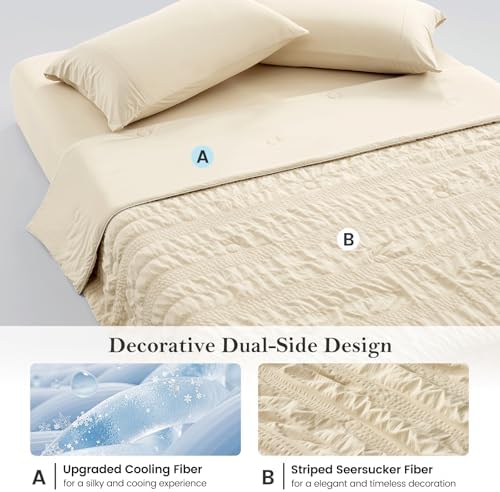 Cozy Bliss Striped Seersucker Cooling Comforter Queen Size, Lightweight Airflow Silky Cooling Bedding with Q-Max>0.45 for Bedroom, Home Decor, Hot Sleepers & Night Sweats, Khaki 90"x90" - Image 3