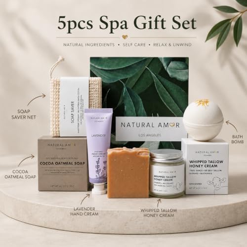 Natural Amor Handmade Spa Gift Set 6 pcs– Includes Bath Bomb, Hand Cream, Soap, Bath Salt, Candle – Relaxing Self-Care Kit for Women - Image 2