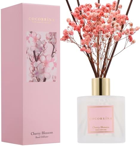 COCORRÍNA Reed Diffuser - Cherry Blossom 6.7 Fl.oz Reed Diffuser Set with Sticks & Preserved Baby's Breath, Reed Diffuser for Home Bathroom Shelf Decor by COCORR%C3%8DNA