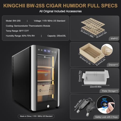 KingChii 25L Electric Cigar Humidors Temperature & Humidity Control Cabinet, Built-in Humidification System with Spanish Cedar Wood Shelves & Drawer Hygrometer for Men Gifts 200 Capacity - Image 5