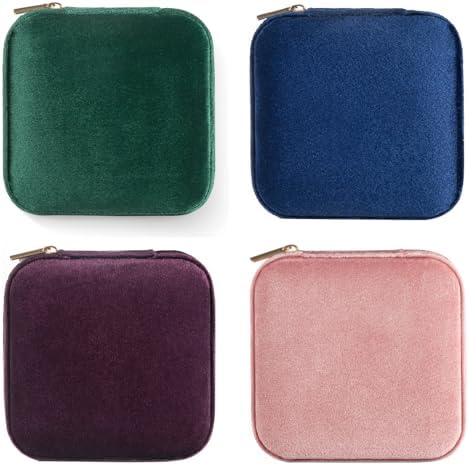 Plush Velvet Travel Jewelry Case, Travel Jewelry Organizer, Jewelry Travel Case, Travel Jewelry Box, Small Jewelry Case for Women,Jewelry Travel Box, Earring Organizer with Mirror - 4Color-4packs by ZPROW