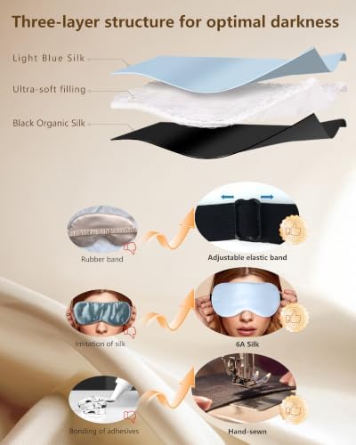 Silk Sleep Mask for Women and Men - Soft Lightweight Breathable Organic Mulberry Silk Blackout Lightproof Eye Mask with Adjustable Straps No Pressure for Travel Office Nap and Gifts (Light Blue) - Image 5