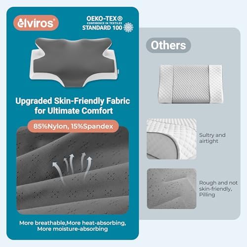 Elviros Cervical Neck Pillow for Sleeping, Memory Foam Pillow for Neck Pain Relief, Side Sleeper Cooling Pillows for Adults, Neck Support with Removable Pillowcase for Back & Stomach Sleepers - Image 4