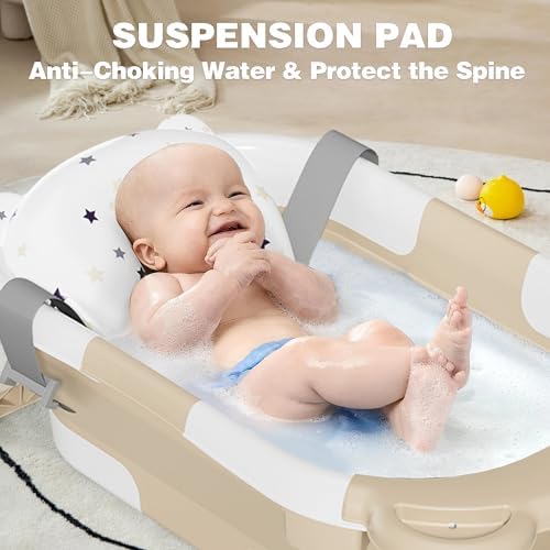 MoreFeel Collapsible Baby Bathtub for Newborn with Thermometer & 1 Hooded Towel & 1 Soft Floating Cushion,Portable Travel Bathtub with Drain Hole, Durable Foldable Baby Tubs for Infants to Toddler - Image 2