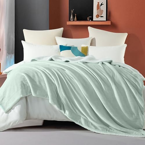 Elegant Comfort Ultra Soft Reversible Flannel Sherpa Blanket - Cozy Silky Fleece Throw for Couch, Bed - Plush Fuzzy Warm Winter Blanket for Gift, Twin XL, Mint Green - Image 2