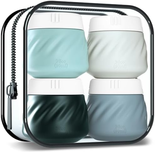 Gemice Silicone Cream Jars TSA Approved Travel Size Containers with Clear Bag, Leak-proof Travel Accessories with Lid for Cosmetic Face Body Hand Cream (4 Pack) by GemiceBeautyTools