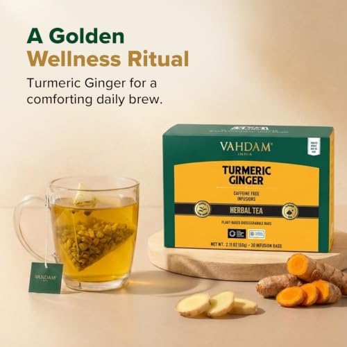 VAHDAM, Turmeric Ginger Herbal Tea Bags (30 Pyramid Tea Bags) Caffeine Free, Non GMO, Gluten Free | 100% Pure Herbal Blend - Savory & Spicy | Individually Wrapped Pyramid Tea Bags | Direct from Source - Image 2