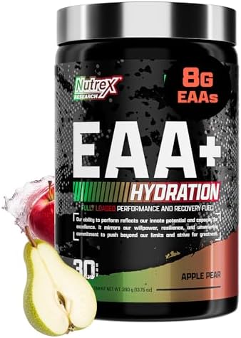 Nutrex Research EAA Hydration | EAAs + BCAAs Powder | Muscle Recovery, Strength, Muscle Building, Endurance | 8G Essential Amino Acids + Electrolytes | Apple Pear 30 Servings by NutrexResearch